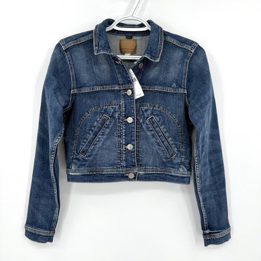 American Eagle Jacket Womens Small Blue Distressed Denim Cropped Denim